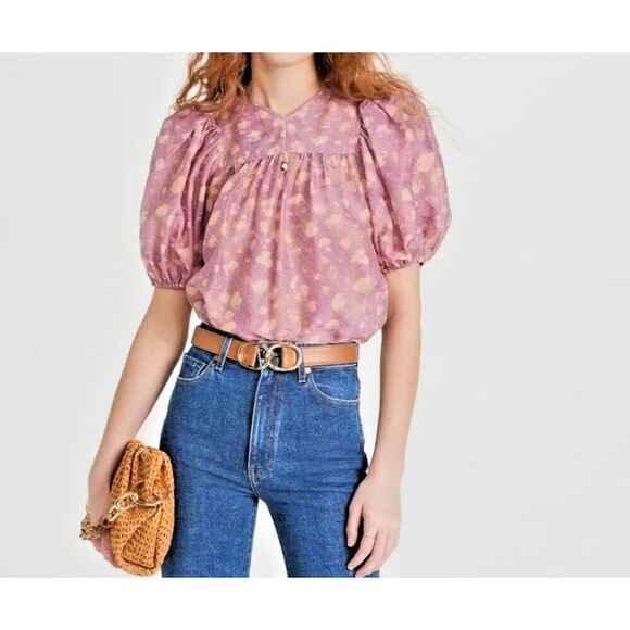 Ulla Johnson Livana Silk-Cotton Blend Puff Sleeve Lightweight V-Neck Top size 2 - Picture 3 of 13